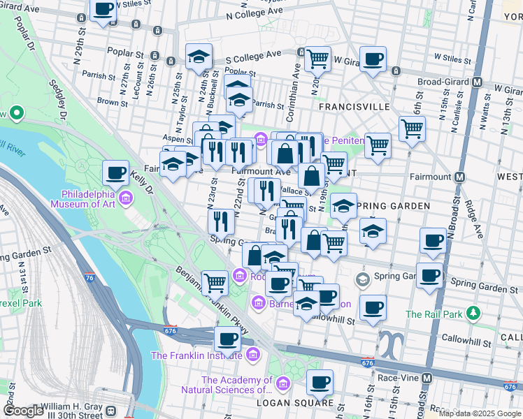 map of restaurants, bars, coffee shops, grocery stores, and more near in Philadelphia