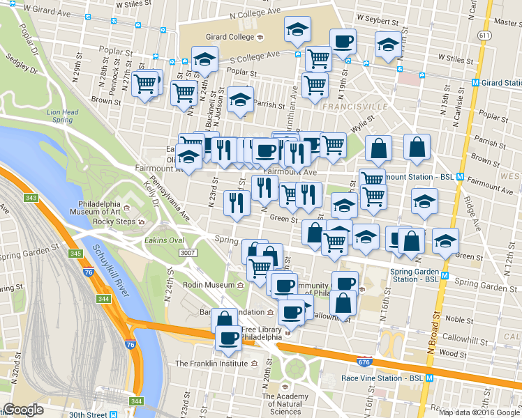 map of restaurants, bars, coffee shops, grocery stores, and more near in Philadelphia