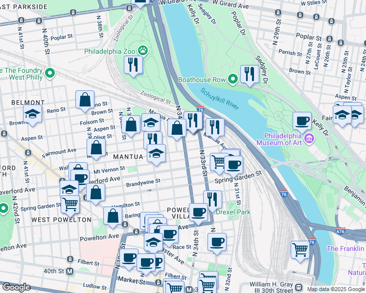 map of restaurants, bars, coffee shops, grocery stores, and more near 673 North 34th Street in Philadelphia