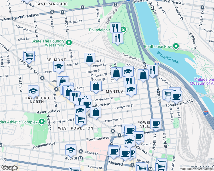 map of restaurants, bars, coffee shops, grocery stores, and more near 3801 Fairmount Avenue in Philadelphia