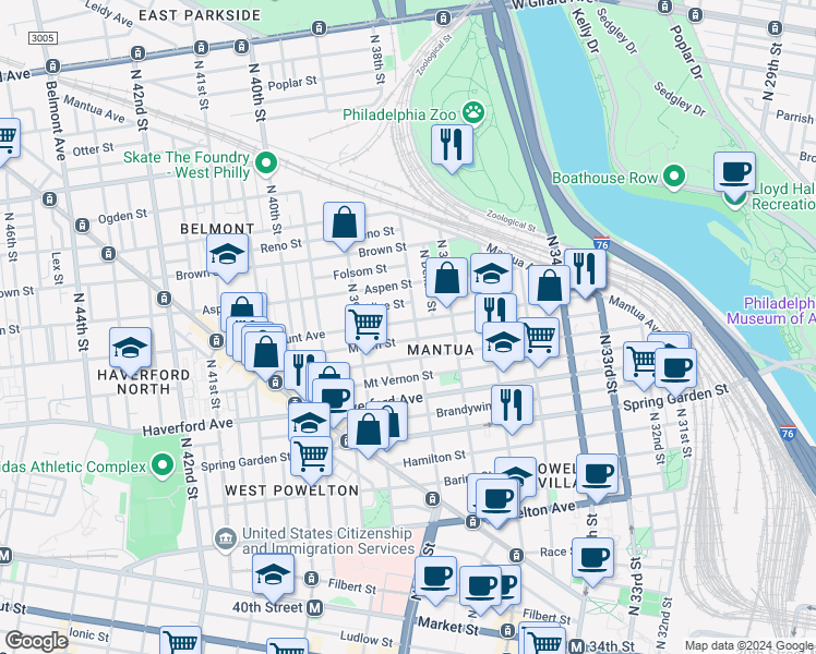 map of restaurants, bars, coffee shops, grocery stores, and more near 3801 Fairmount Avenue in Philadelphia