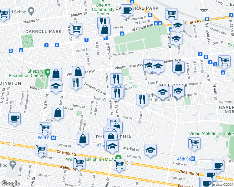 map of restaurants, bars, coffee shops, grocery stores, and more near 328 North 52nd Street in Philadelphia