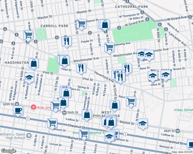 map of restaurants, bars, coffee shops, grocery stores, and more near 315 North 54th Street in Philadelphia
