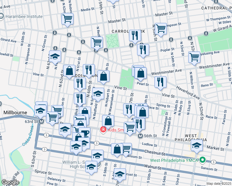 map of restaurants, bars, coffee shops, grocery stores, and more near 5742 Vine Street in Philadelphia