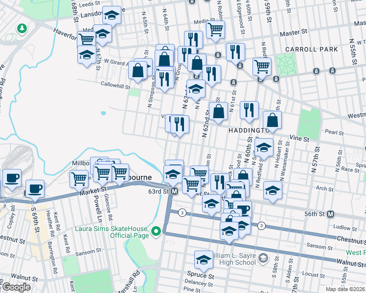 map of restaurants, bars, coffee shops, grocery stores, and more near 207 North 63rd Street in Philadelphia