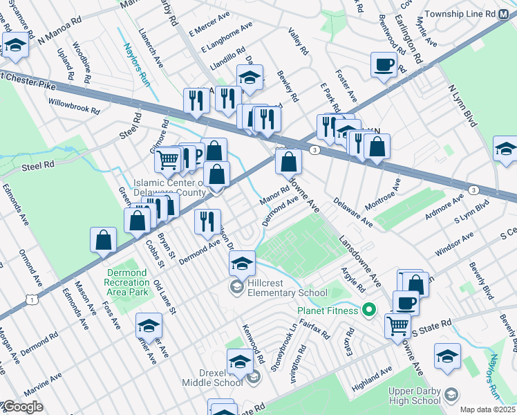 map of restaurants, bars, coffee shops, grocery stores, and more near 2249 Manor Road in Delaware County