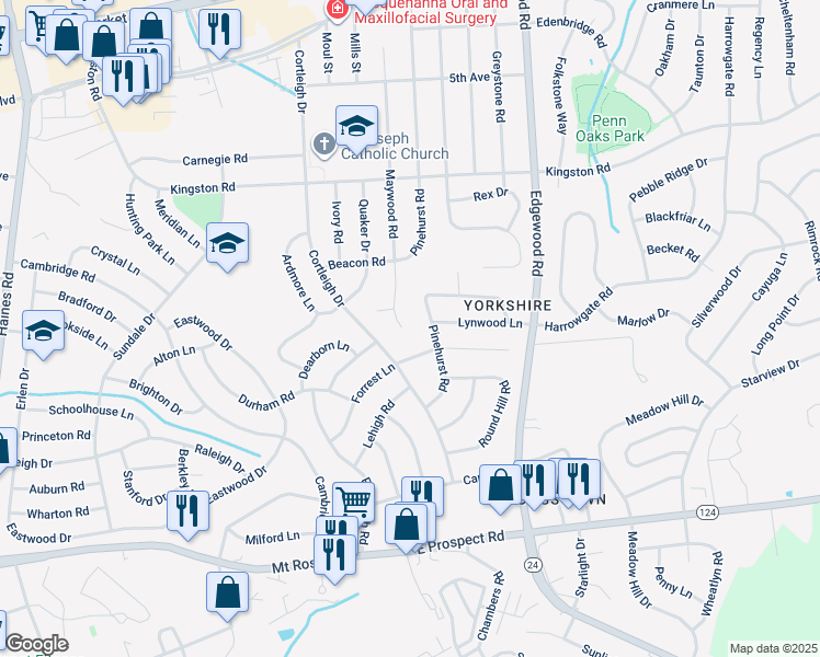 map of restaurants, bars, coffee shops, grocery stores, and more near 565 Maywood Road in East York
