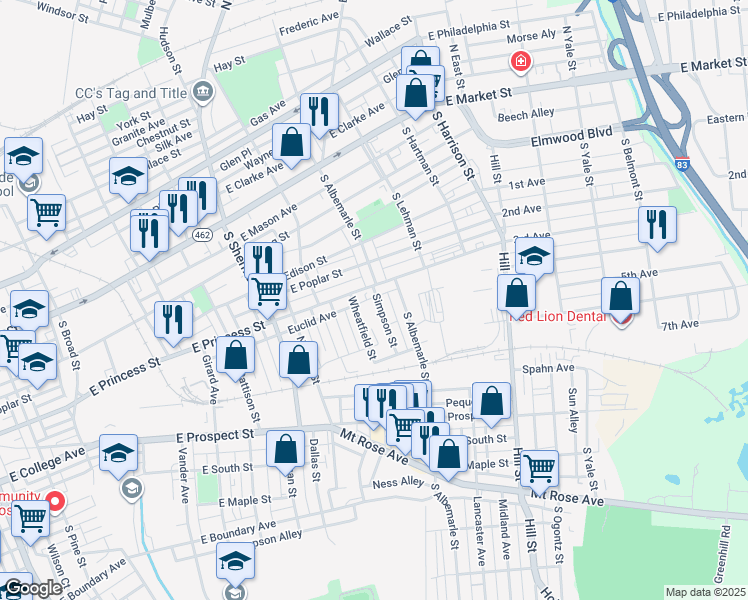 map of restaurants, bars, coffee shops, grocery stores, and more near 1000 East Princess Street in York