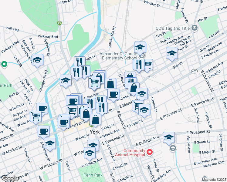 map of restaurants, bars, coffee shops, grocery stores, and more near 139 North Queen Street in York