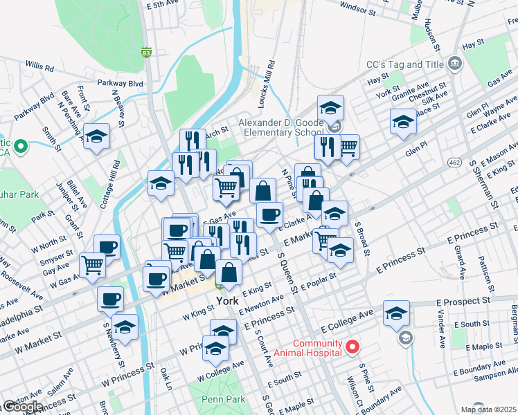 map of restaurants, bars, coffee shops, grocery stores, and more near 139 North Queen Street in York