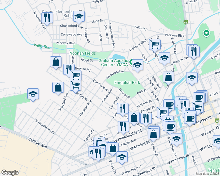 map of restaurants, bars, coffee shops, grocery stores, and more near 431 Linden Avenue in York
