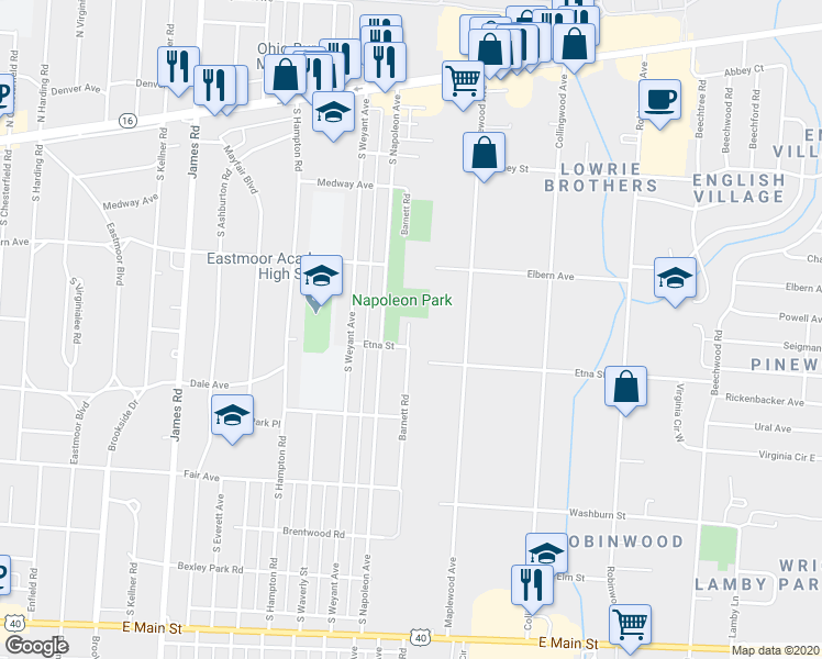 map of restaurants, bars, coffee shops, grocery stores, and more near 328 Barnett Road in Columbus