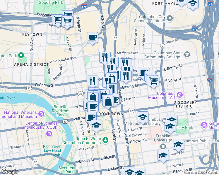 map of restaurants, bars, coffee shops, grocery stores, and more near 154 North 3rd Street in Columbus
