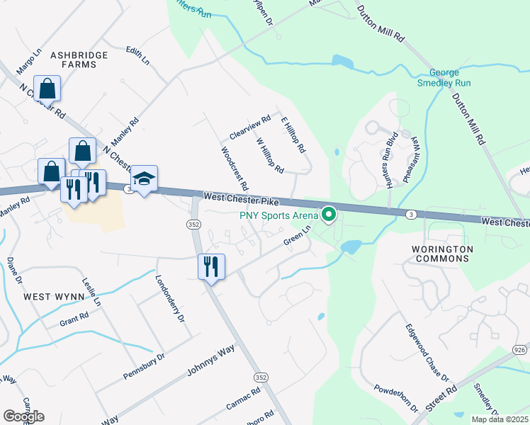 map of restaurants, bars, coffee shops, grocery stores, and more near 2300 Leeds Court in West Chester