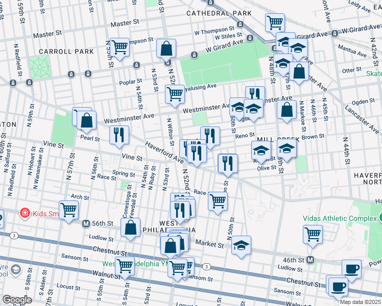 map of restaurants, bars, coffee shops, grocery stores, and more near 5151 Brown Street in Philadelphia