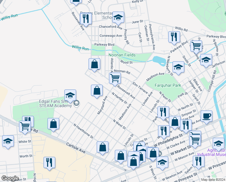 map of restaurants, bars, coffee shops, grocery stores, and more near 627 North Hartley Street in York