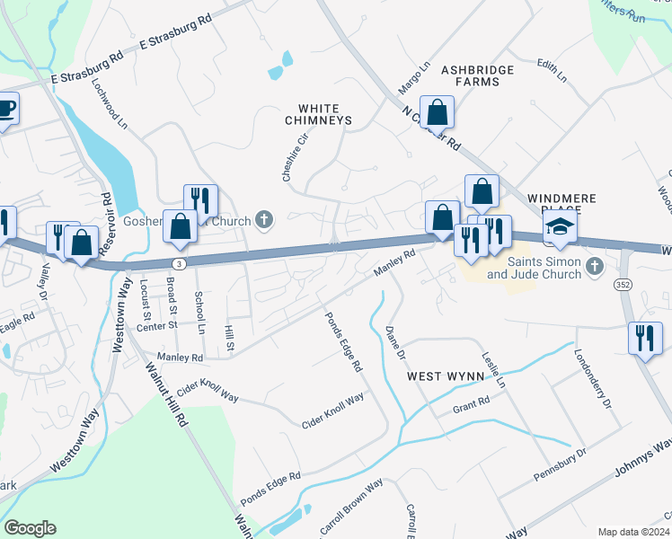 map of restaurants, bars, coffee shops, grocery stores, and more near 656 Summit House in West Chester