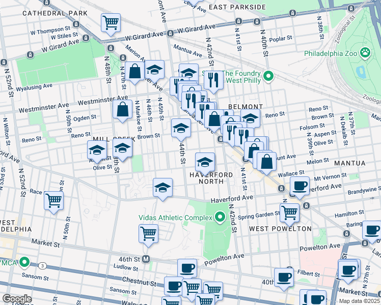 map of restaurants, bars, coffee shops, grocery stores, and more near 4314 Aspen Street in Philadelphia