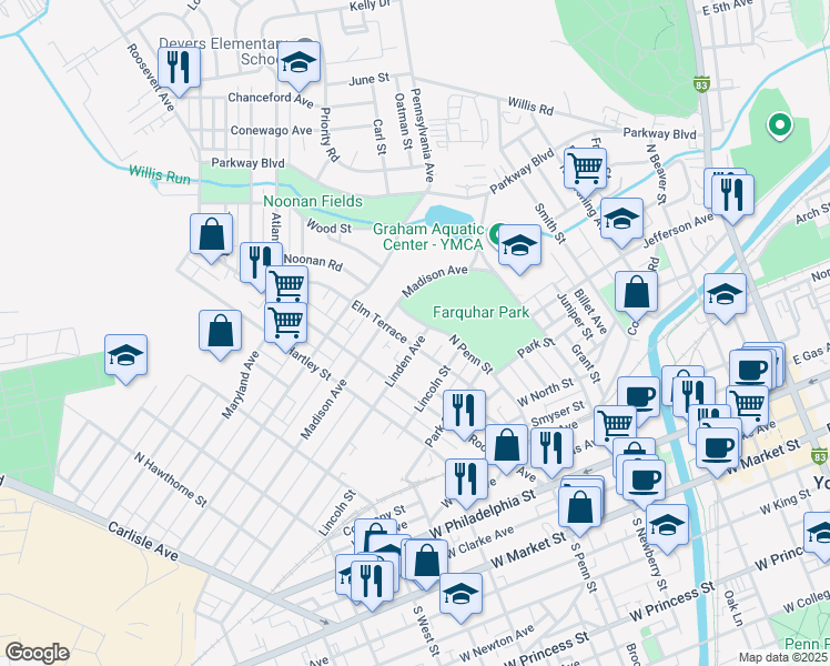 map of restaurants, bars, coffee shops, grocery stores, and more near 431 Linden Avenue in York