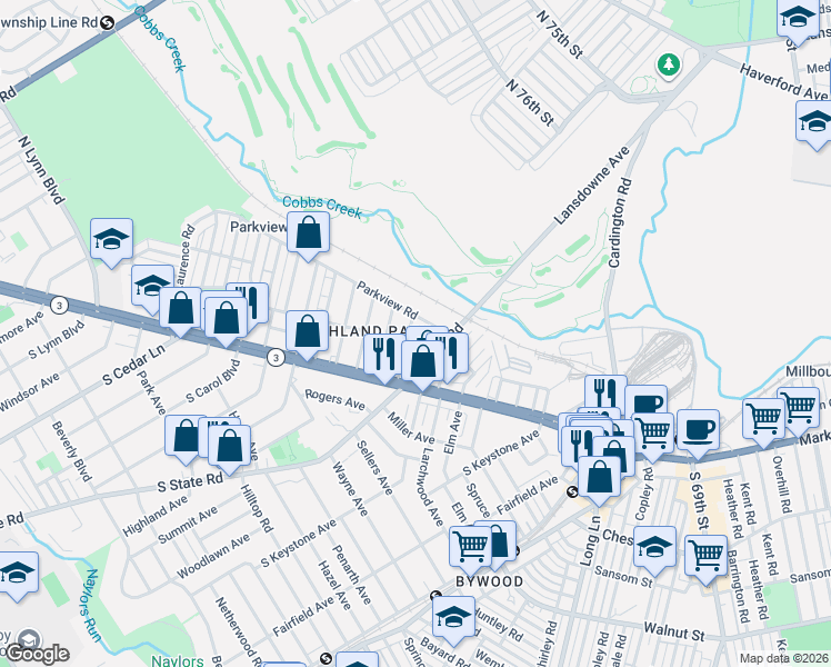 map of restaurants, bars, coffee shops, grocery stores, and more near 116 Ardsley Road in Delaware County