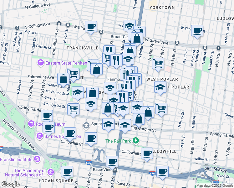 map of restaurants, bars, coffee shops, grocery stores, and more near 653 North 15th Street in Philadelphia