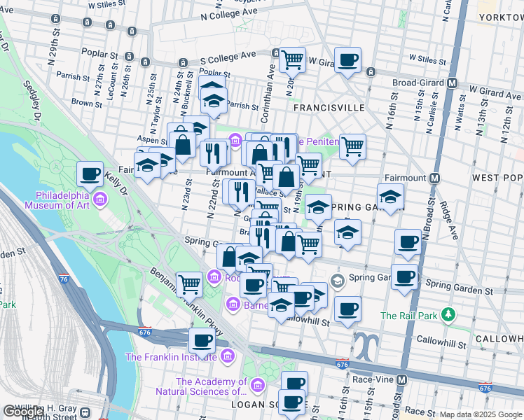 map of restaurants, bars, coffee shops, grocery stores, and more near 2010 Mount Vernon Street in Philadelphia