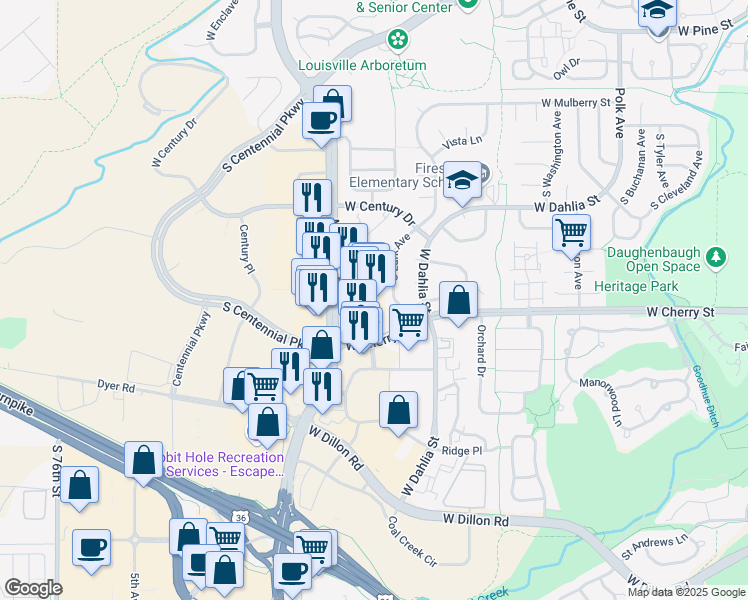 map of restaurants, bars, coffee shops, grocery stores, and more near 332 South McCaslin Boulevard in Louisville