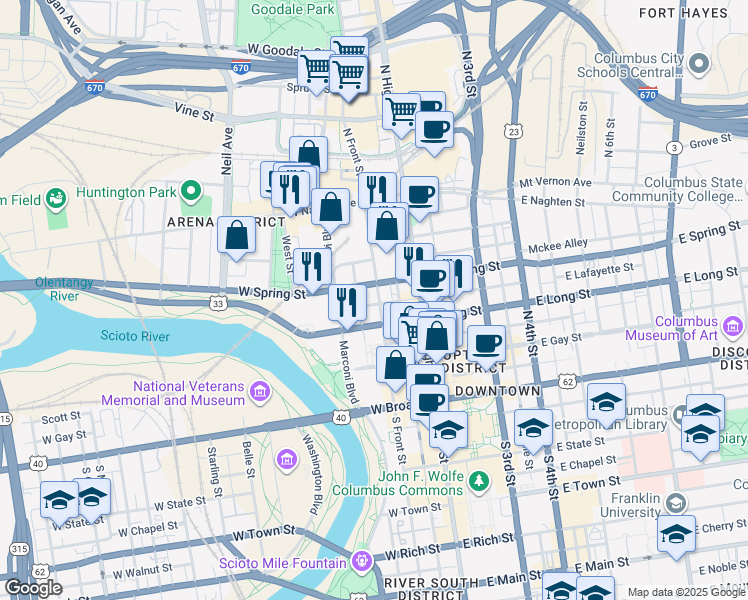 map of restaurants, bars, coffee shops, grocery stores, and more near 161 North Front Street in Columbus