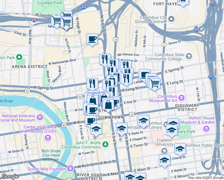 map of restaurants, bars, coffee shops, grocery stores, and more near 154 North 3rd Street in Columbus