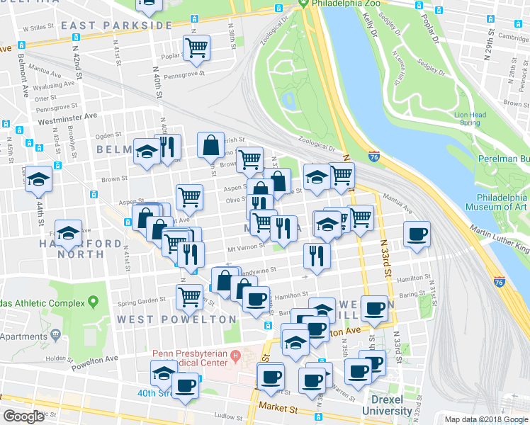 map of restaurants, bars, coffee shops, grocery stores, and more near 3726 Fairmount Avenue in Philadelphia