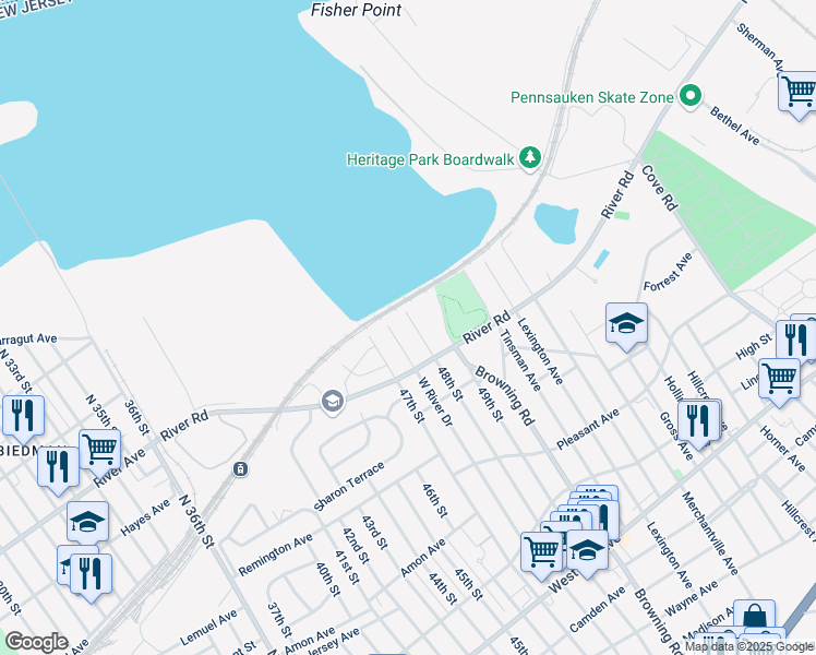 map of restaurants, bars, coffee shops, grocery stores, and more near 420 48th Street in Pennsauken Township