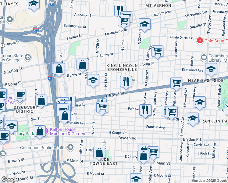 map of restaurants, bars, coffee shops, grocery stores, and more near 33 North 20th Street in Columbus
