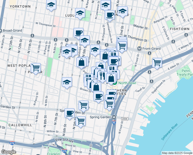 map of restaurants, bars, coffee shops, grocery stores, and more near 915 North Orianna Street in Philadelphia