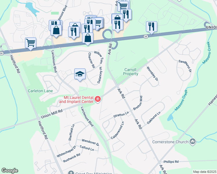 map of restaurants, bars, coffee shops, grocery stores, and more near 209 Union Mill Road in Mount Laurel