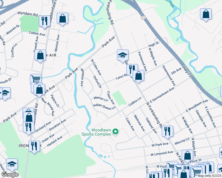 map of restaurants, bars, coffee shops, grocery stores, and more near 16 Farmhouse Lane in Maple Shade