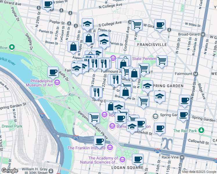 map of restaurants, bars, coffee shops, grocery stores, and more near 2121 Green St in Philadelphia