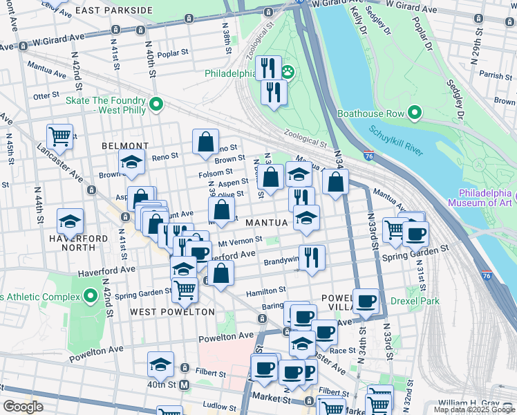 map of restaurants, bars, coffee shops, grocery stores, and more near 3726 Fairmount Avenue in Philadelphia