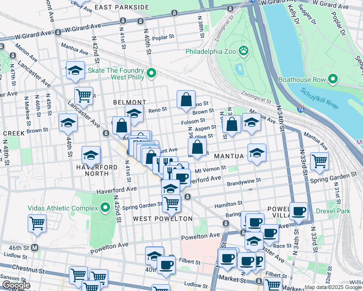 map of restaurants, bars, coffee shops, grocery stores, and more near 3929 Fairmount Avenue in Philadelphia