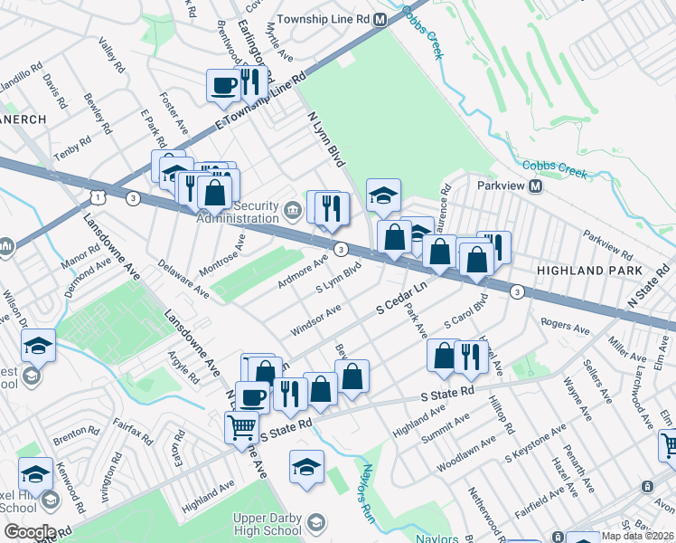 map of restaurants, bars, coffee shops, grocery stores, and more near 8418 West Chester Pike in Delaware County