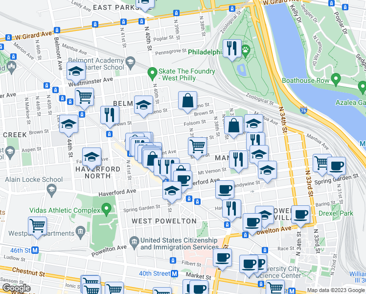 map of restaurants, bars, coffee shops, grocery stores, and more near 3929 Fairmount Avenue in Philadelphia