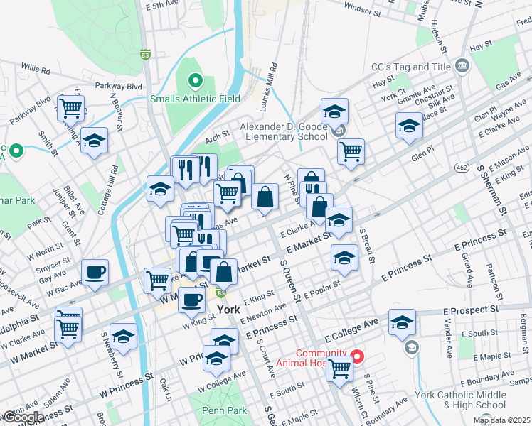 map of restaurants, bars, coffee shops, grocery stores, and more near 117 North Queen Street in York