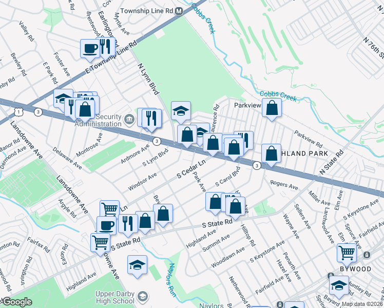 map of restaurants, bars, coffee shops, grocery stores, and more near 8234 West Chester Pike in Delaware County