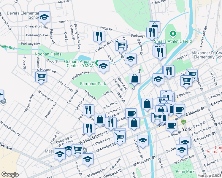 map of restaurants, bars, coffee shops, grocery stores, and more near 403 North Newberry Street in York