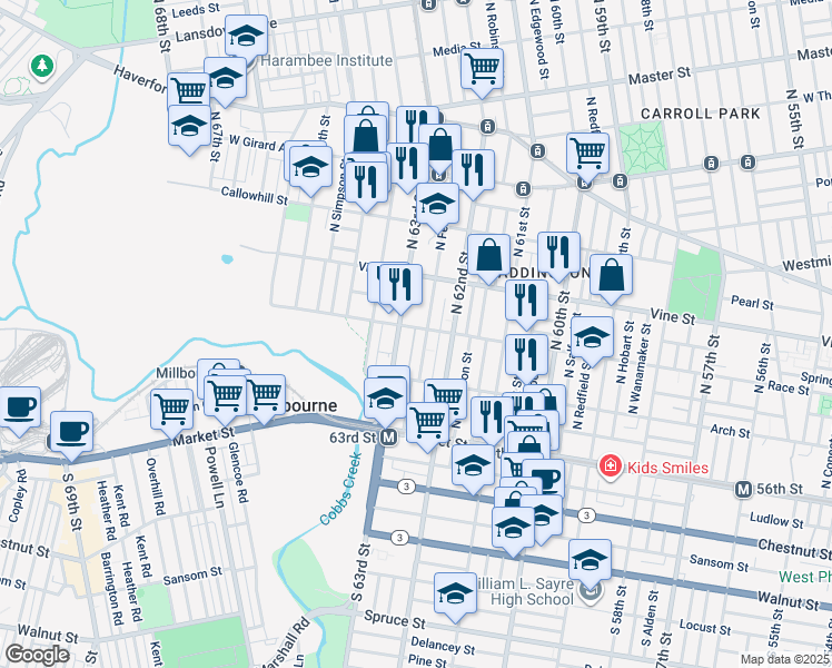 map of restaurants, bars, coffee shops, grocery stores, and more near 6230 Race Street in Philadelphia