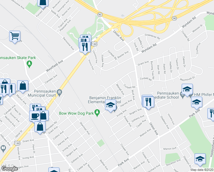 map of restaurants, bars, coffee shops, grocery stores, and more near 7403 Grant Avenue in Pennsauken Township