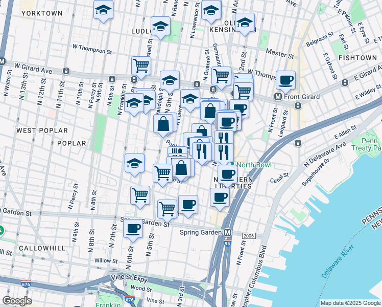 map of restaurants, bars, coffee shops, grocery stores, and more near 327 Poplar Street in Philadelphia