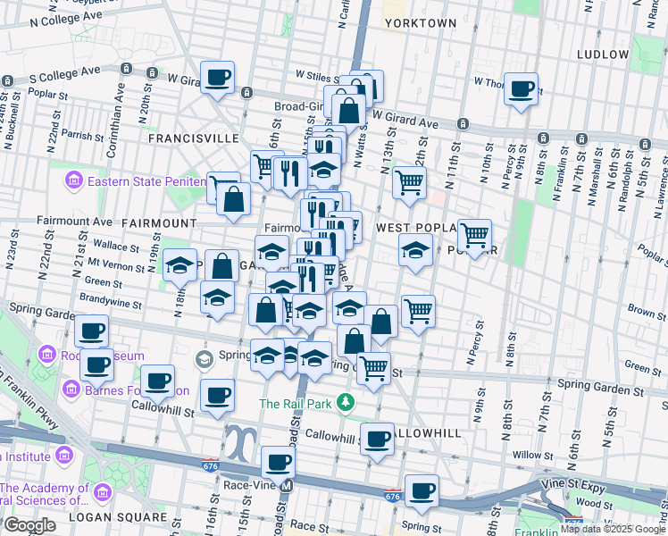 map of restaurants, bars, coffee shops, grocery stores, and more near 699 North Broad Street in Philadelphia