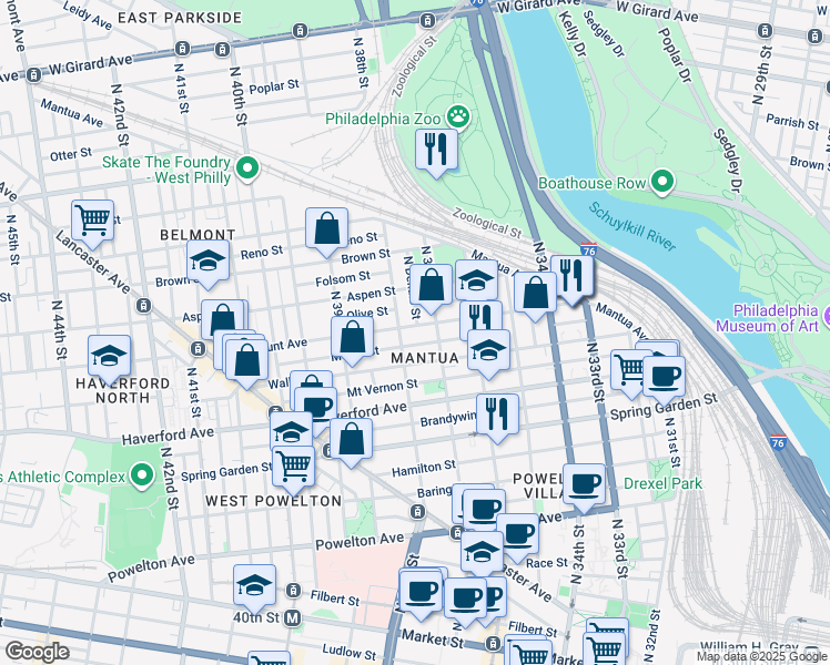 map of restaurants, bars, coffee shops, grocery stores, and more near 3722 Fairmount Avenue in Philadelphia