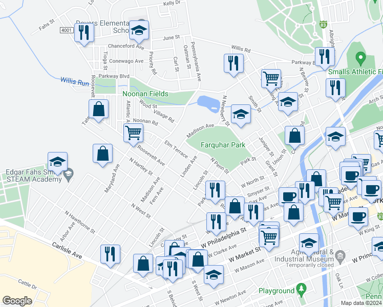 map of restaurants, bars, coffee shops, grocery stores, and more near 431 Linden Avenue in York
