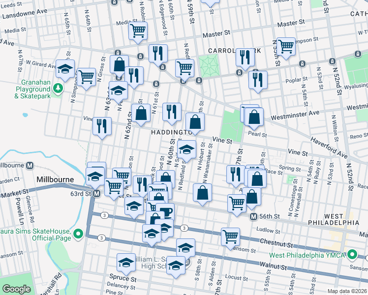 map of restaurants, bars, coffee shops, grocery stores, and more near 5915 Summer Street in Philadelphia